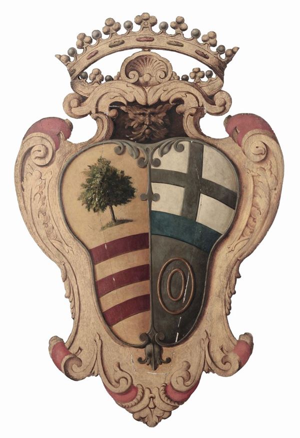 Grande stemma nobiliare su tavola dipinto e dorato, XVIII secolo