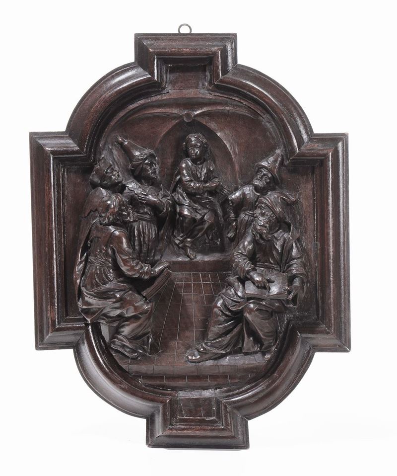 Formella in legno scolpito a bassorilievo, XVII secolo  - Auction Fine Arts from refined private house - Cambi Casa d'Aste