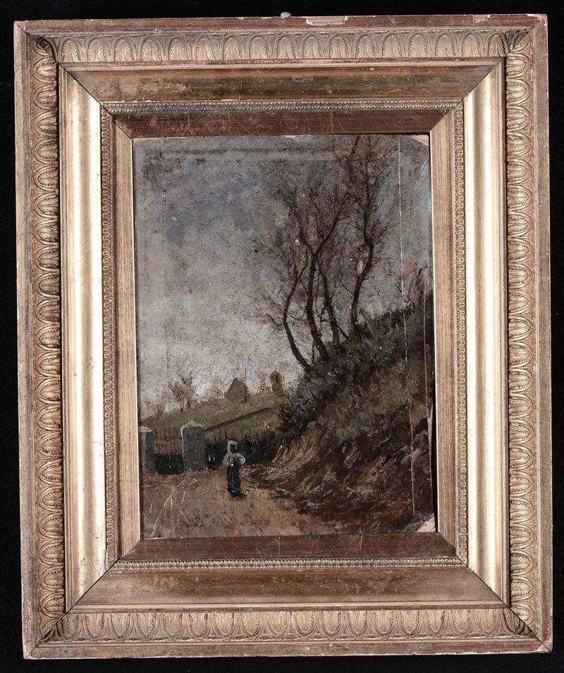 Anonimo del XIX-XX secolo Paesaggio con contadina e cancello  - Auction Time Auction 9-2014 - Cambi Casa d'Aste