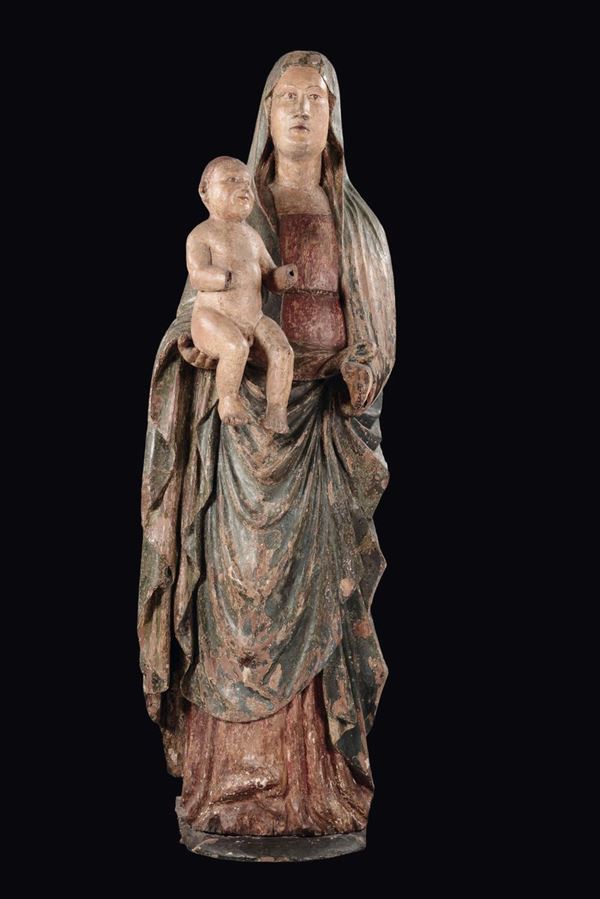 A polychrome wood Madonna with Child, Gothic sculpture working in the Marche Region in the 14th century Madonna con Bambino
