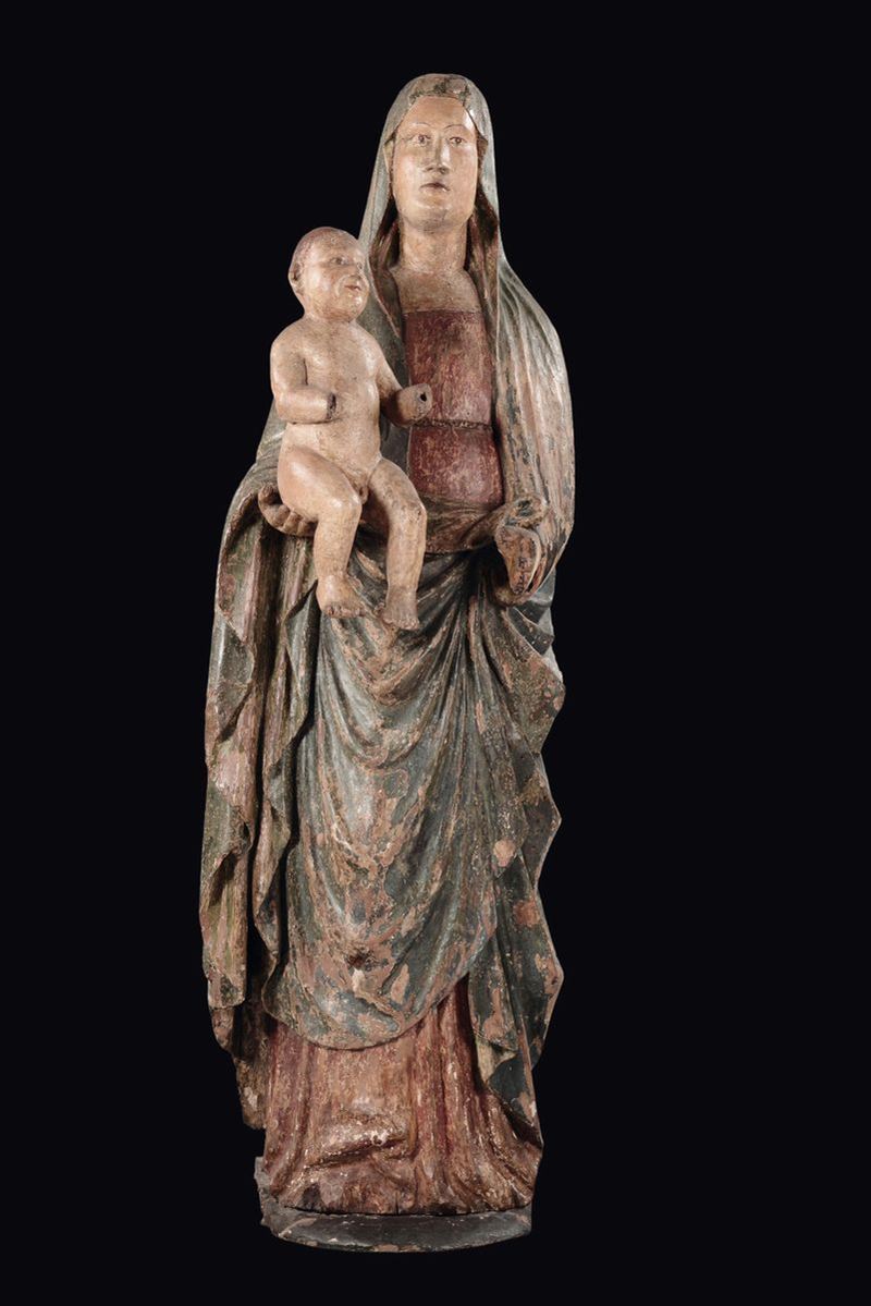 A polychrome wood Madonna with Child, Gothic sculpture working in the Marche Region in the 14th century Madonna con Bambino  - Auction Sculpture and Works of Art - Cambi Casa d'Aste
