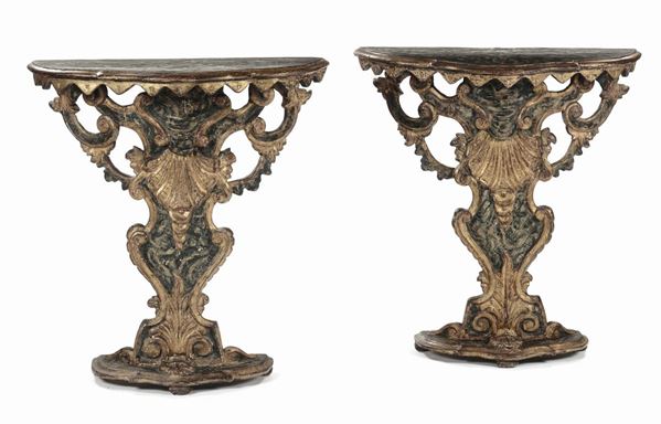 Coppia di consoline in legno dorato e marmorizzato blu, Veneto XVIII secolo