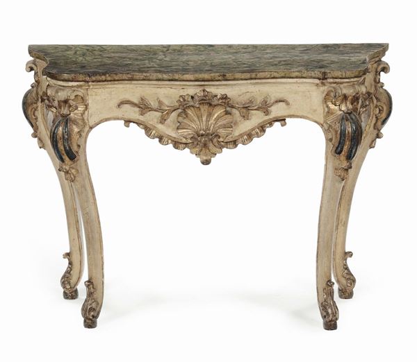 Console Luigi XIV laccata e dorata con piano marmorizzato, XVIII secolo