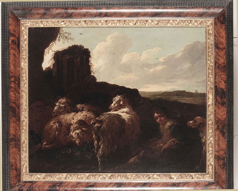 Philipp Peter Roos detto Rosa da Tivoli (Sankt Goar 1655/57 - Roma 1706) Contadina con capre  - Auction Old Masters Paintings - Cambi Casa d'Aste