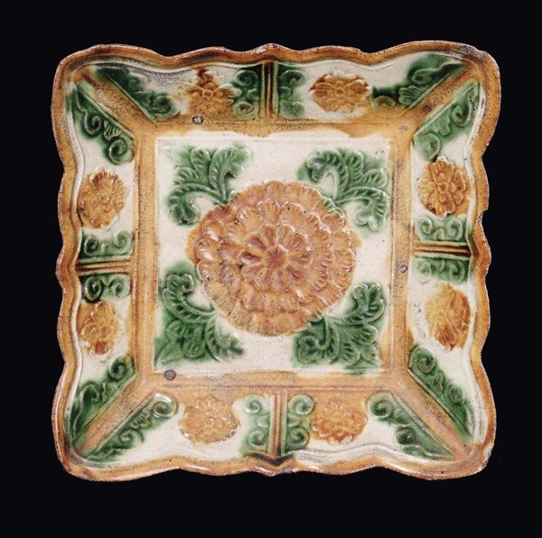 A Sancai-glazed stoneware square dish, China, Song Dynasty (960-1279)
