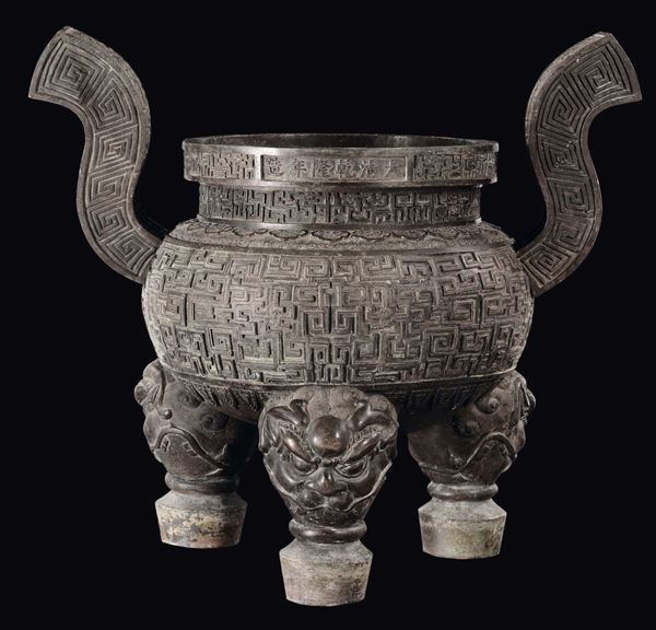 A large and important tripod bronze censer double handles with geometric motif in archaic style, China,  [..]