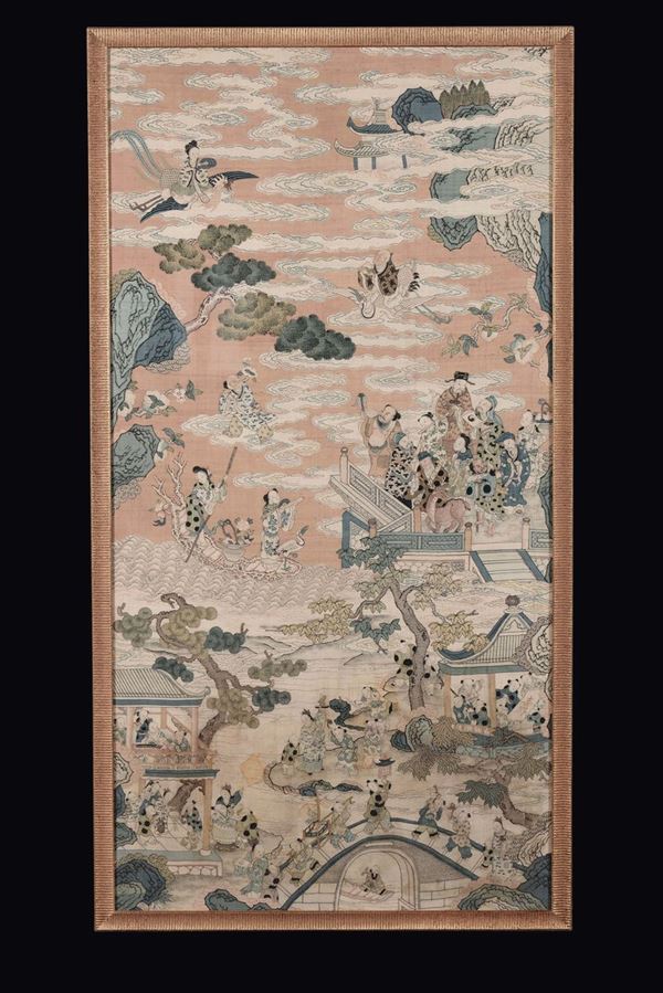 Tessuto Kesi ricamato con scena fantastica di suonatori, saggi e Guanyin in cielo su fenici, Cina, Dinastia Qing, XIX secolo