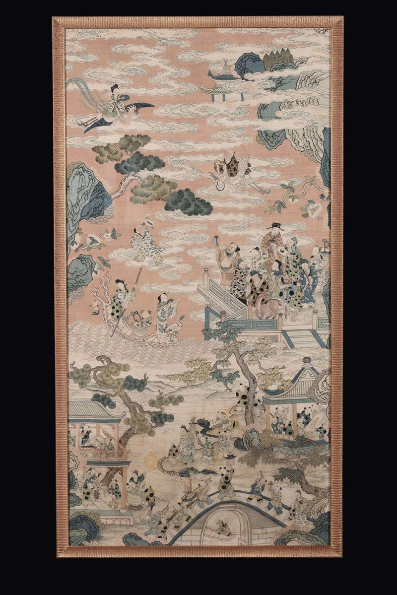 An embroidered fabric Kesi depicting an imaginary scenes with wise men, Guanyin and musicians, China, Qing Dynasty, 19th century  - Auction Fine Chinese Works of Art - II - Cambi Casa d'Aste