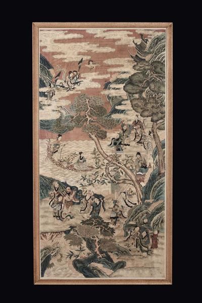 Kesi ricamato, Scena fantastica con Guanyin e dignitari, Cina, Dinastia Qing, XIX secolo