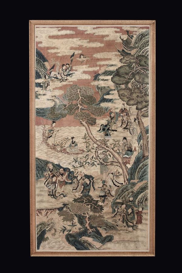 Tessuto Kesi ricamato con scena fantastica con coppia di Guanyin su barca, dignitari sulle sponde del fiume e Guanyin in cielo poggiate sopra nuvole, Cina, Dinastia Qing, XIX secolo