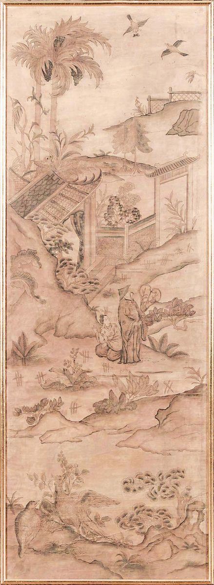 Dipinto su carta raffigurante coppia di personaggi sulle rive di un fiume e volatili, Cina, Dinastia Qing, XIX secolo  - Asta Fine Chinese Works of Art - II - Cambi Casa d'Aste