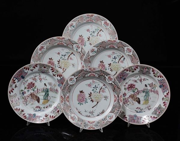 Six polychrome porcelain dishes, four with peonies and two with Guanyin looking at coupling roosters, China, Qing Dynasty, 18th century