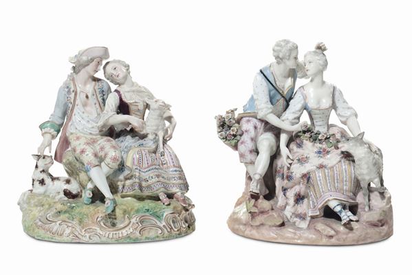 Coppia di gruppi in porcellana con scene galanti, Meissen XX secolo
