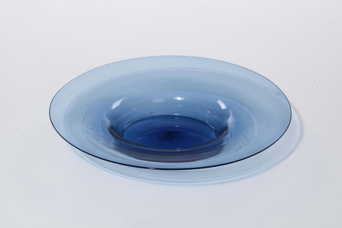 Tripode in Ferro Battuto con Bacile in Vetro Soffiato Blu, Murano, Inizi XX Secolo