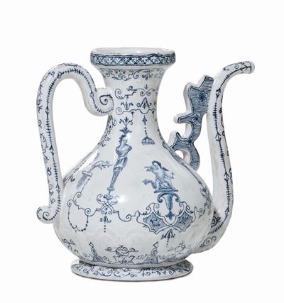 Caffettiera Monoansata in Maiolica Decorata in Bianco e Blu, Bologna, Manifattura Minghetti Inizi...