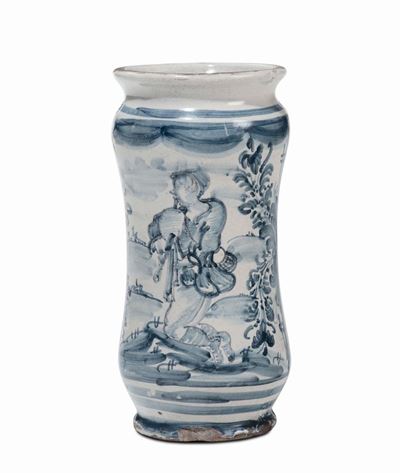 Albarello in Maiolica con Decoro in Bianco e Blu di Giovane Zampognaro, Napoli XVIII Secolo