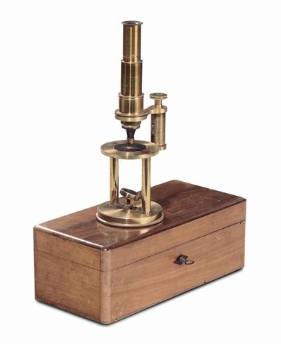 Microscopio in Bronzo Dorato con Cassettina in Legno Coeva. Italia 1920/30