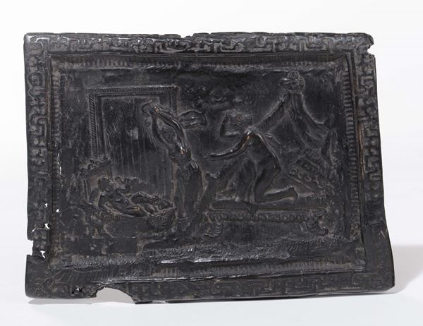 Placca in bronzo fusa a cera persa raffigurante scena mitologica, patina scura, Marche fine XVI inizi XVII secolo