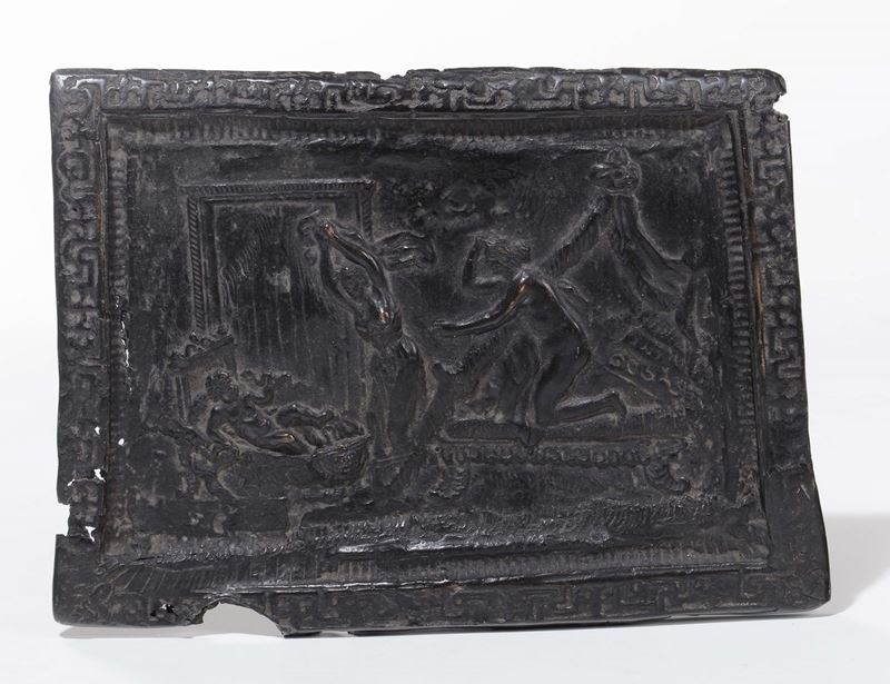 Placca in bronzo fusa a cera persa raffigurante scena mitologica, patina scura, Marche fine XVI inizi XVII secolo  - Auction Fine Arts from refined private house - Cambi Casa d'Aste