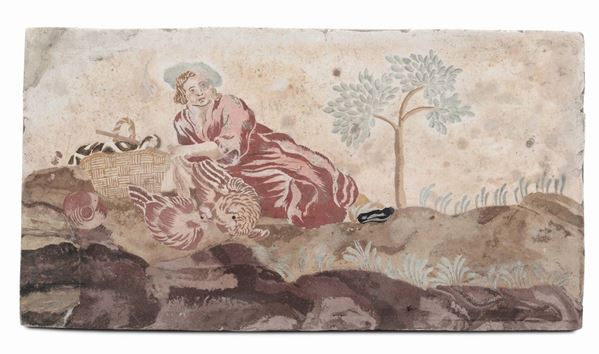 Mattonella in scagliola dipinta in policromia con scena campestre, Italia centrale XVIII secolo