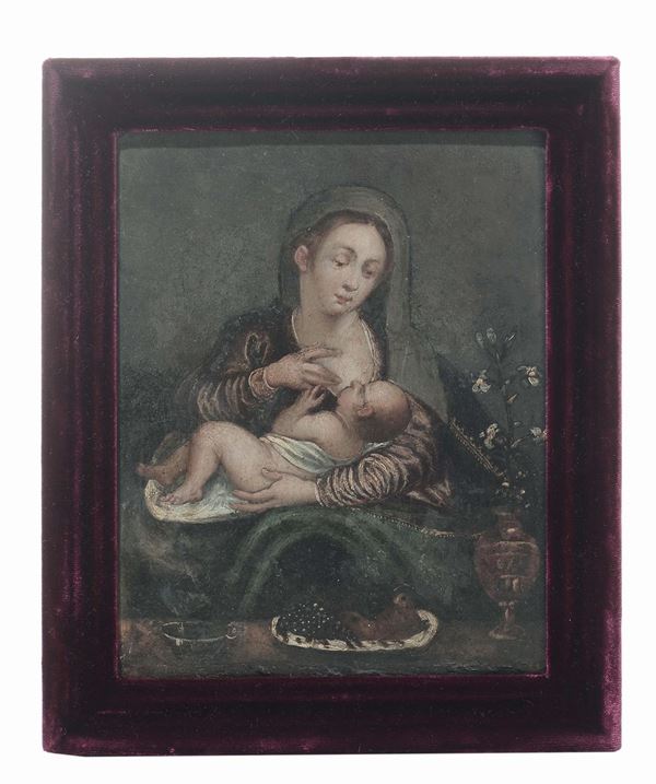 Scuola dell'Italia settentrionale della fine del XVI secolo Madonna con Bambino e vaso di fiori