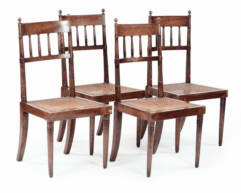 Finimento di quattro sedie in noce neoclassiche, Emilia o Veneto prima metà XIX secolo  - Auction Fine Arts from refined private house - Cambi Casa d'Aste