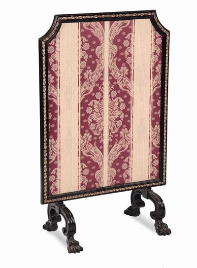 Piccolo Paravento Amovibile con Cornice Centinata in Legno Ebanizzato con Intaglio Dorato, Roma X...