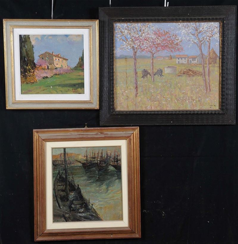 Tre dipinti con vedute campestri e velieri in porto  - Asta Asta a Tempo Antiquariato - Cambi Casa d'Aste