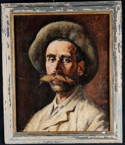 Anonimo del XIX Secoloritratto di Uomo con Baffi e Cappello