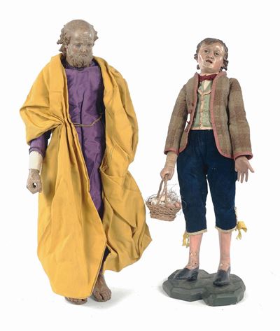 Due Statuine da Presepe Raffiguranti Contadino con Cesto di Uova e S.giuseppe, XVIII Secolo