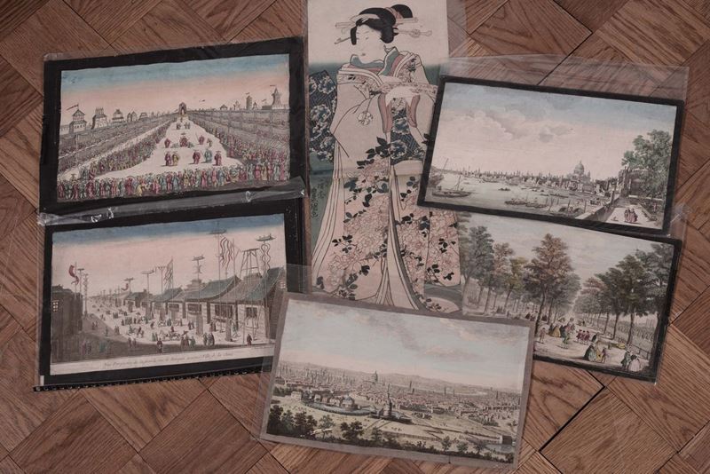 Cinque stampine a colori con vedute inglesi e stampa cinese  - Auction Fine Arts from refined private house - Cambi Casa d'Aste