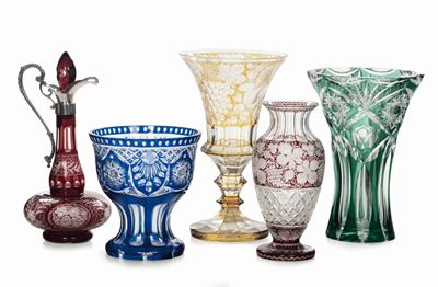 Lotto di Cinque Pezzi Diversi in Cristallo Molato di Gusto Biedermeier