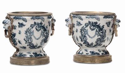 Coppia di Cachepot in Porcellana Bianca e Blu, XX Secolo