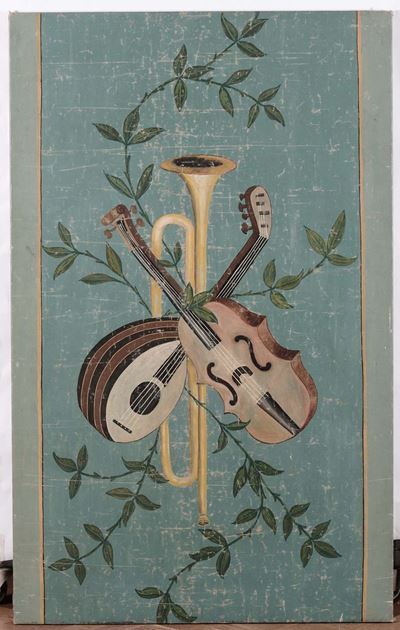 Pannello Ad Olio su Tela Raffigurante Strumenti Musicali, Fine XVIII Secolo