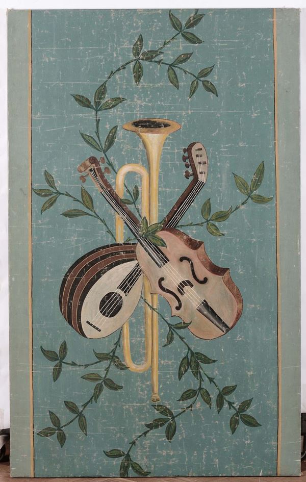Pannello ad olio su tela raffigurante strumenti musicali, fine XVIII secolo