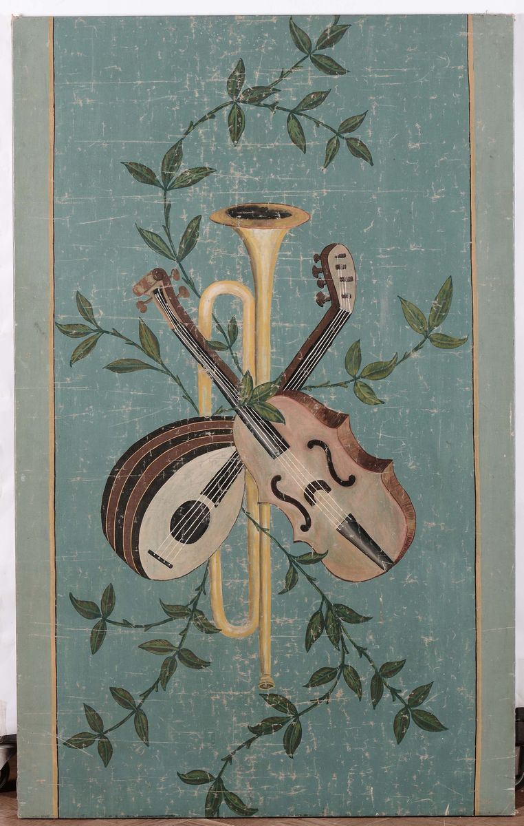 Pannello ad olio su tela raffigurante strumenti musicali, fine XVIII secolo  - Asta Asta a Tempo 9-2014 - Cambi Casa d'Aste