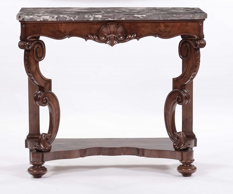 Consolle in noce intagliato, XIX secolo  - Auction Fine Arts from refined private house - Cambi Casa d'Aste