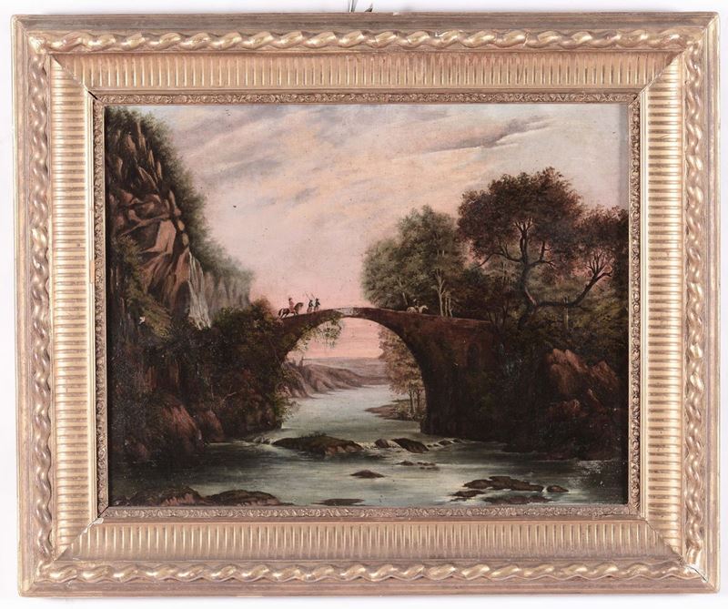 Anonimo del XIX secolo Paesaggio con ponte  - Asta Antiquariato, Affidamenti da raffinate dimore private - Cambi Casa d'Aste