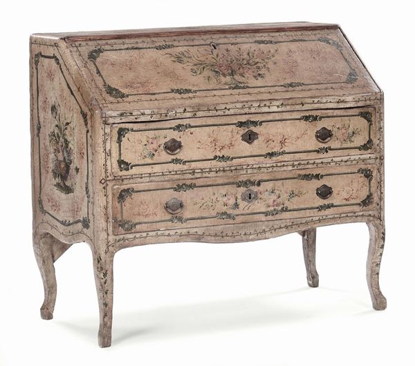 Ribaltina a due cassetti in legno laccato, XVIII secolo