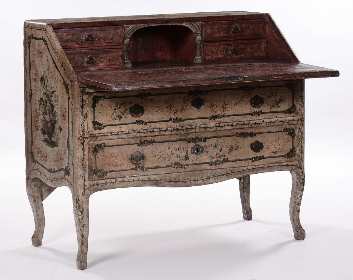 Ribaltina a Due Cassetti in Legno Laccato, XVIII Secolo
