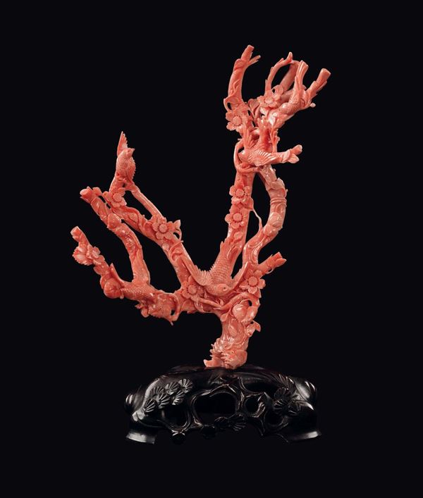 A carved coral group with five birds between flowering branches, China, Qing Dynasty, late 19th century