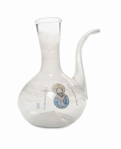 Brocca in Vetro Soffiato Incolore con Santo in Policromia, XVIII Secolo