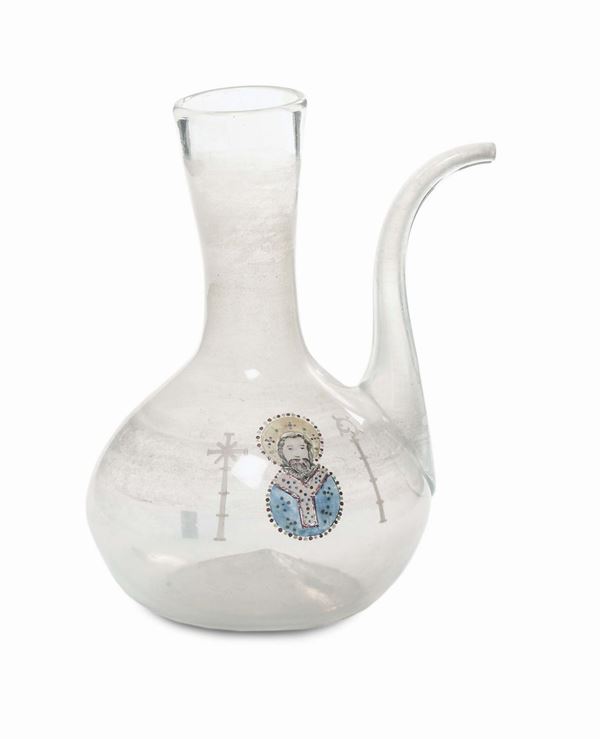 Brocca in vetro soffiato incolore con Santo in policromia, XVIII secolo