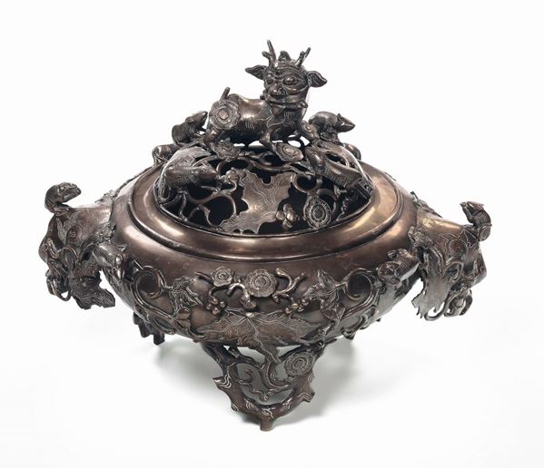 A gilt bronze censer with Pho dog and mice in relief, China, Qing Dynasty, 19th century