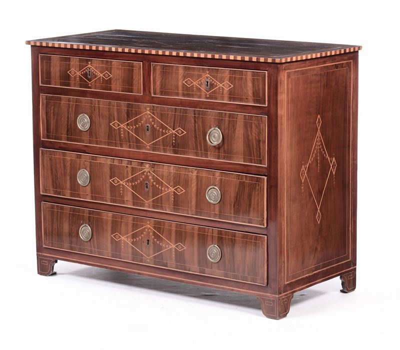 Cassettone in noce intarsiato  - Auction Fine Arts from refined private house - Cambi Casa d'Aste