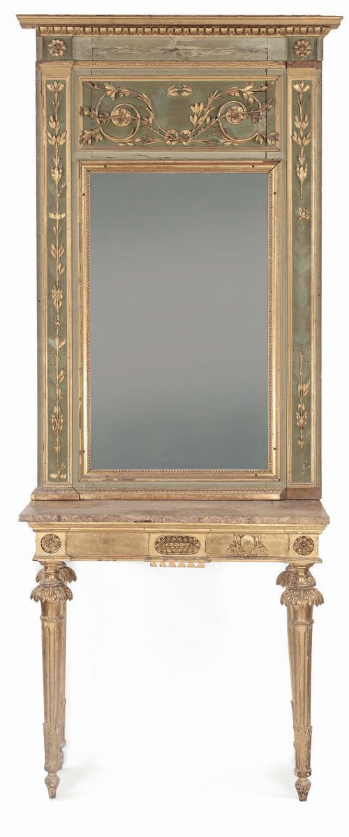 Console con specchiera Luigi XVI in legno intagliato, laccato e dorato, fine XVIII secolo  - Asta Antiquariato, Affidamenti da raffinate dimore private - Cambi Casa d'Aste