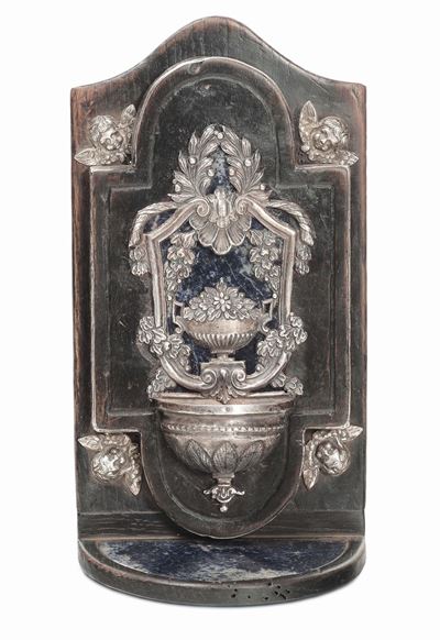 Piccola Acquasantiera in Argento, Legno e Lapislazulo, Manifattura Lombardo-veneta XIX Secolo