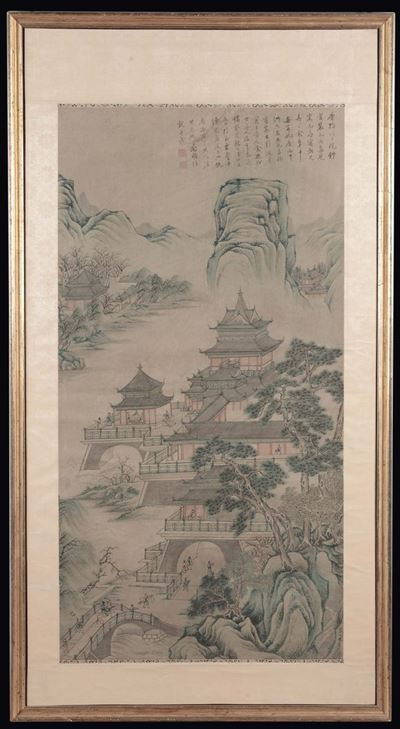 Dipinto su Carta Raffigurante Paesaggio Montano con Case e Scritta in Alto a Destra, Cina, Dinast...