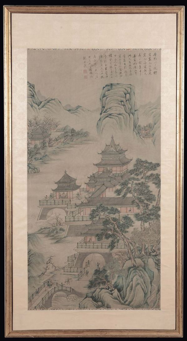 Dipinto su carta raffigurante paesaggio montano con case e scritta in alto a destra, Cina, Dinastia Qing, XIX secolo