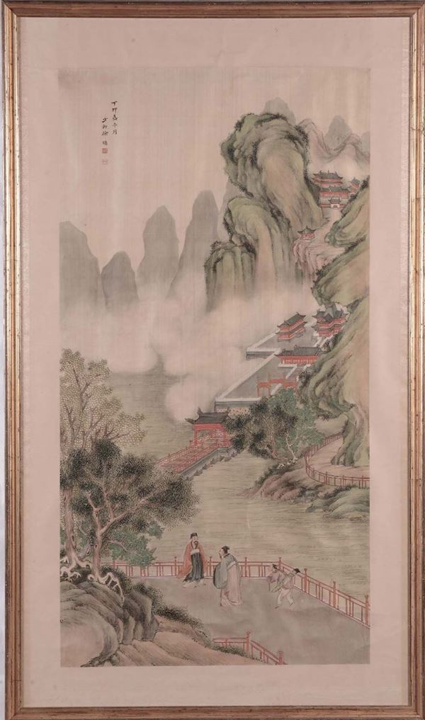 Dipinto su carta raffigurante paesaggio montano con dignitari e case ed iscrizione in alto a sinistra, Cina, Dinastia Qing, XIX secolo